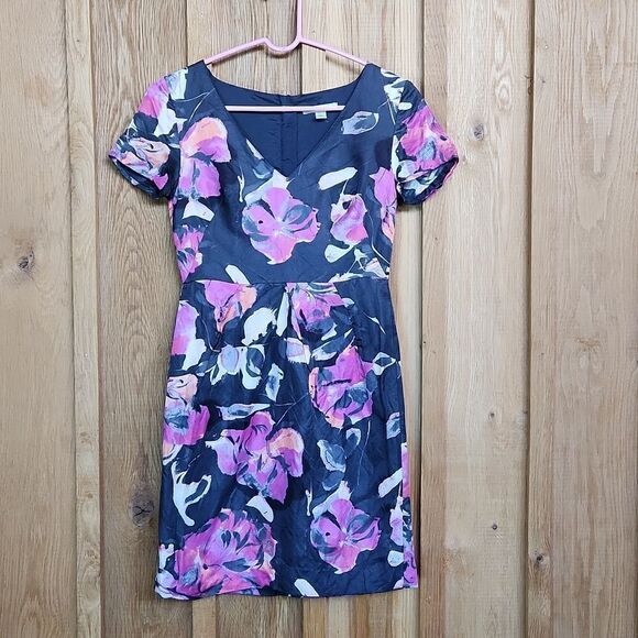 Banana Republic Linen Short Sleeve Mini Party Dress, 0 Petite, Pink Blue Floral - Picture 1 of 10